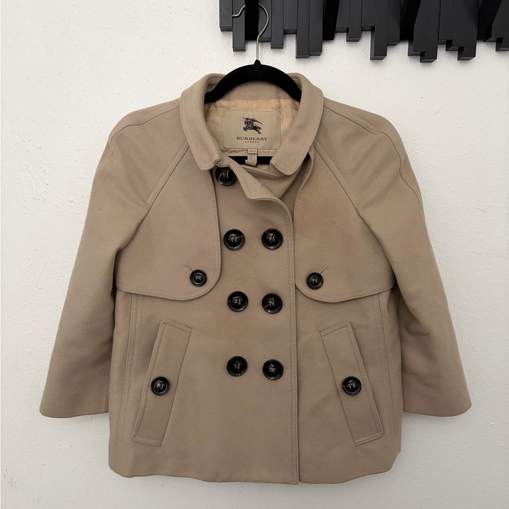 Burberry Peacoat Women 6 Beige Crop Waist Length Wool Cashmere 3/4 Sleeve *FLAWS - Picture 2 of 12